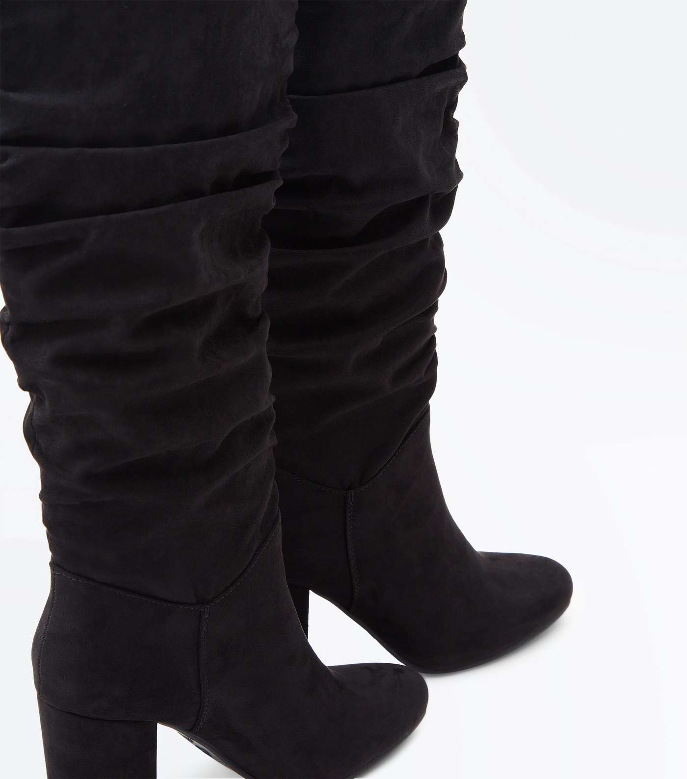 Black Suedette Heeled Slouch Knee High Boots Image 5