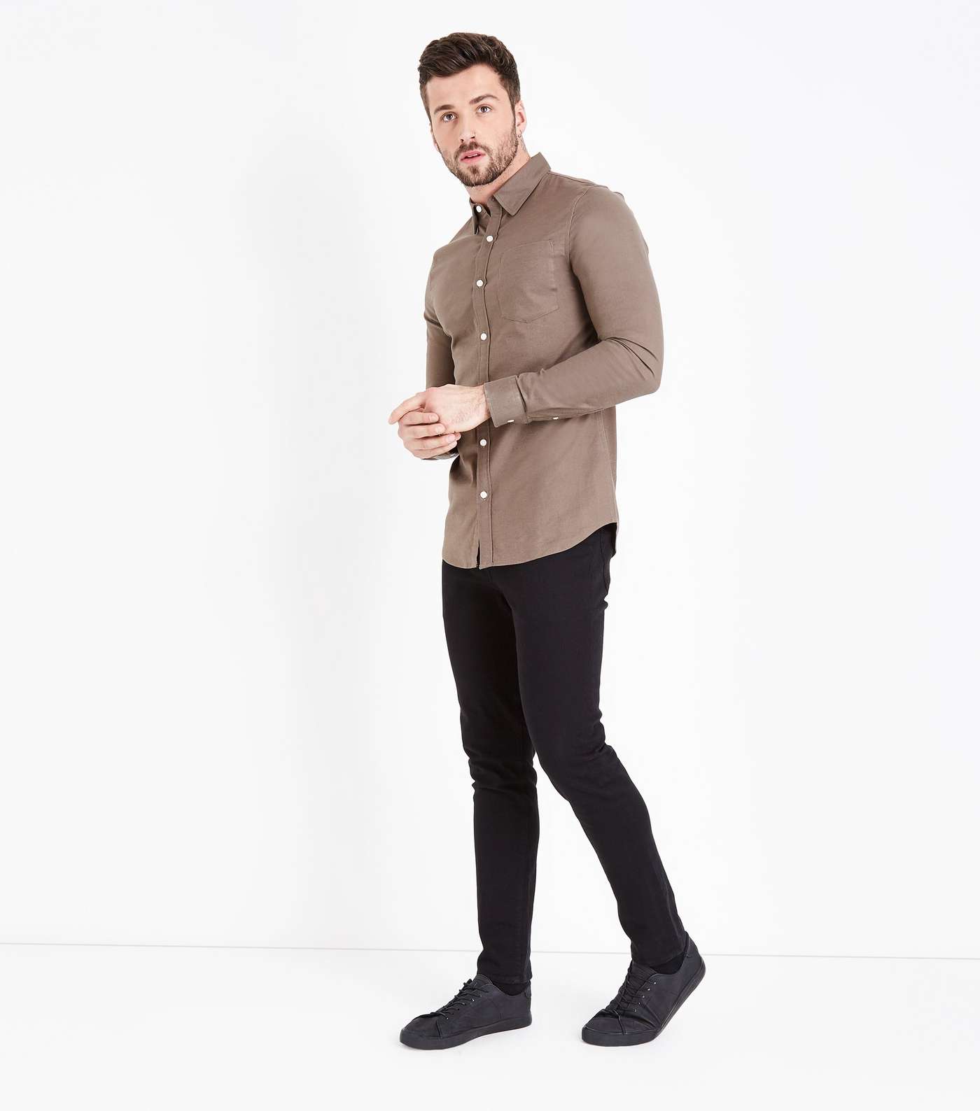 Olive Green Muscle Fit Stretch Oxford Shirt Image 2