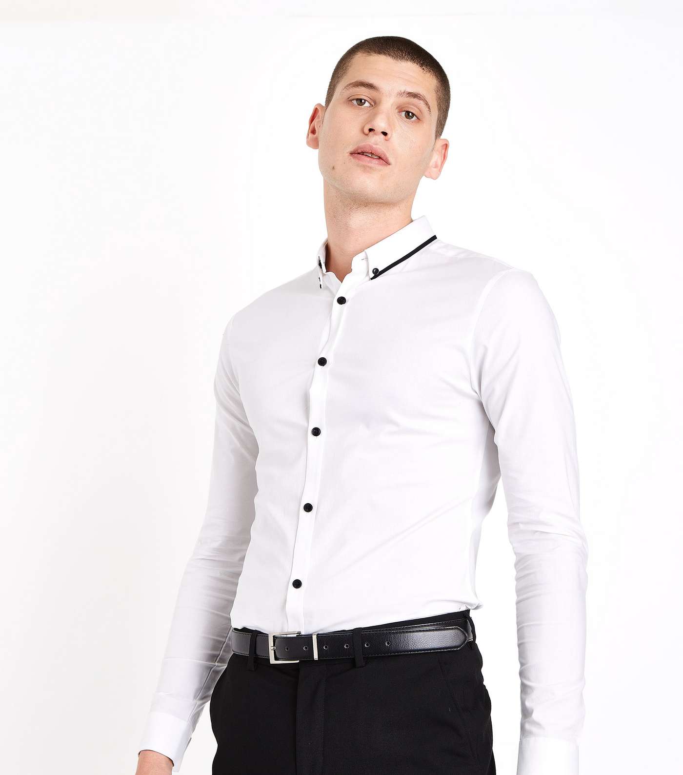 White Double Collar Trim Muscle Fit Shirt
