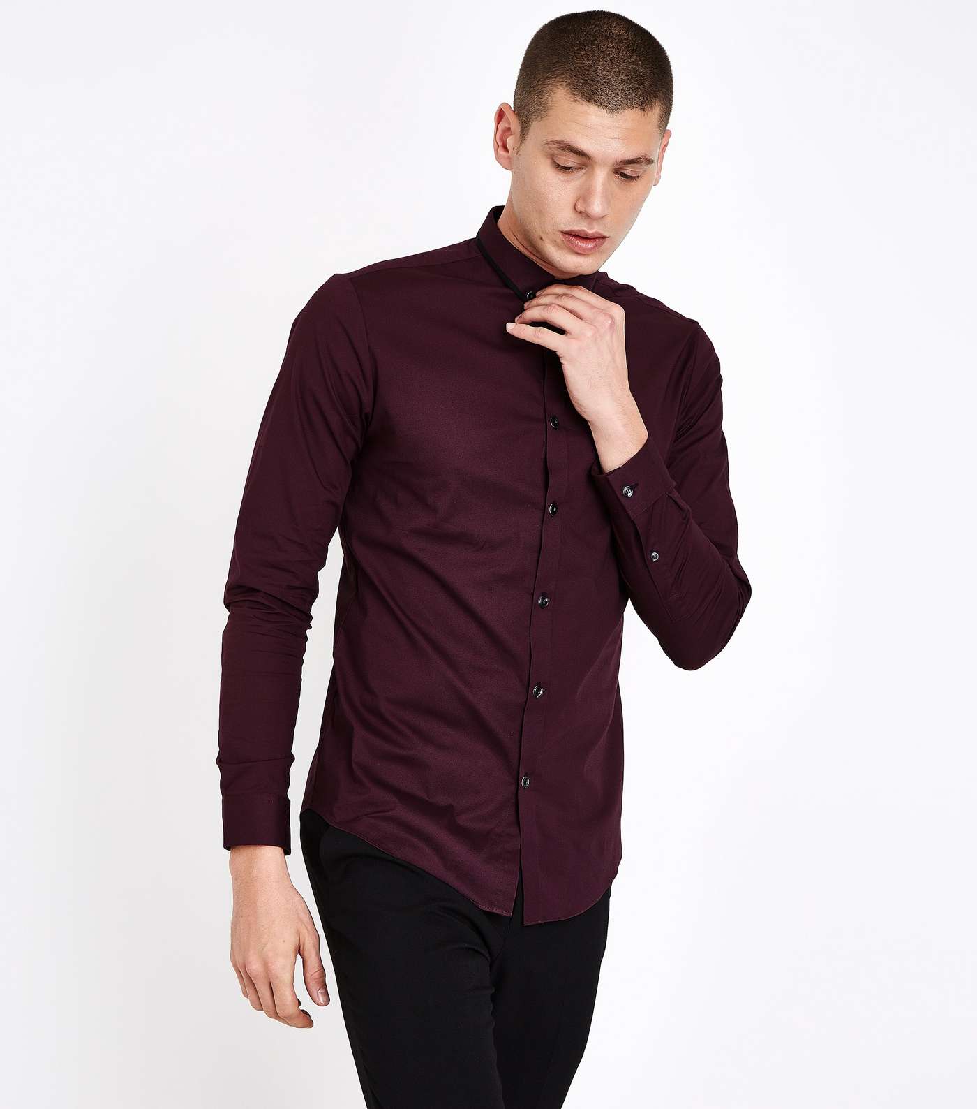 Burgundy Double Collar Trim Muscle Fit Shirt