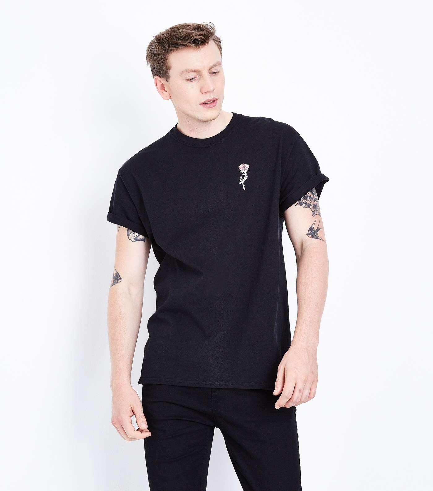 Black Embroidered Rose T-Shirt