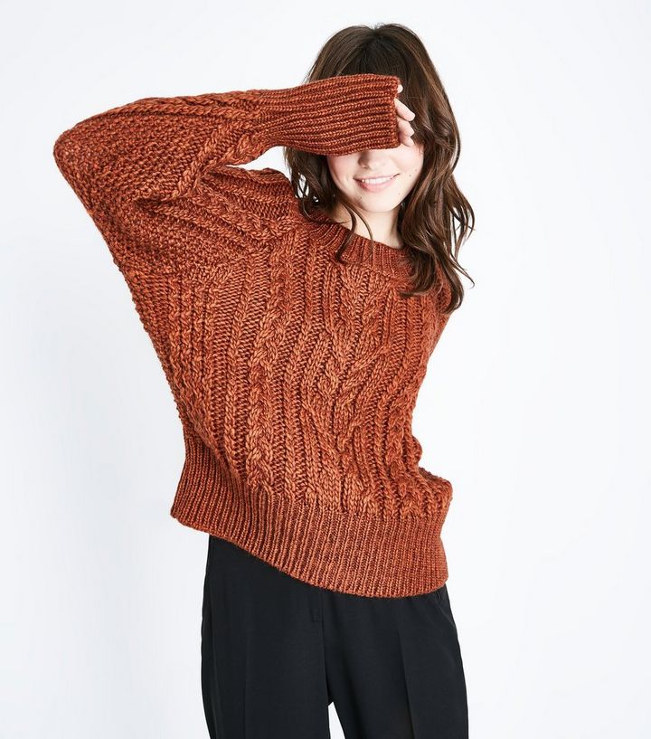 Rust Italian Yarn Cable Knit Raglan Jumper New Look