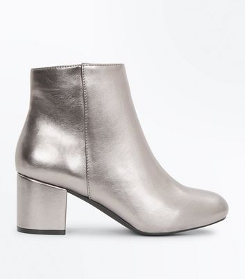 silver booties block heel