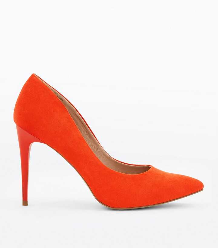 Bright Orange Suedette Stiletto Heel Pointed Courts