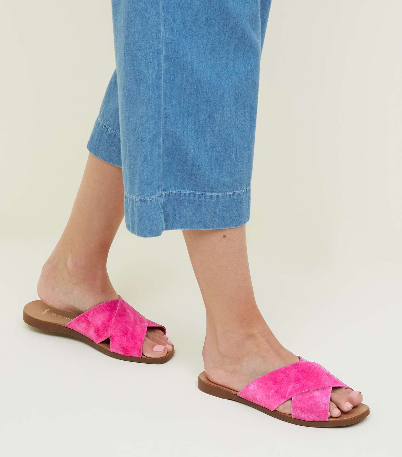 Wide Fit Bright Pink Suede Cross Strap Sliders Image 2