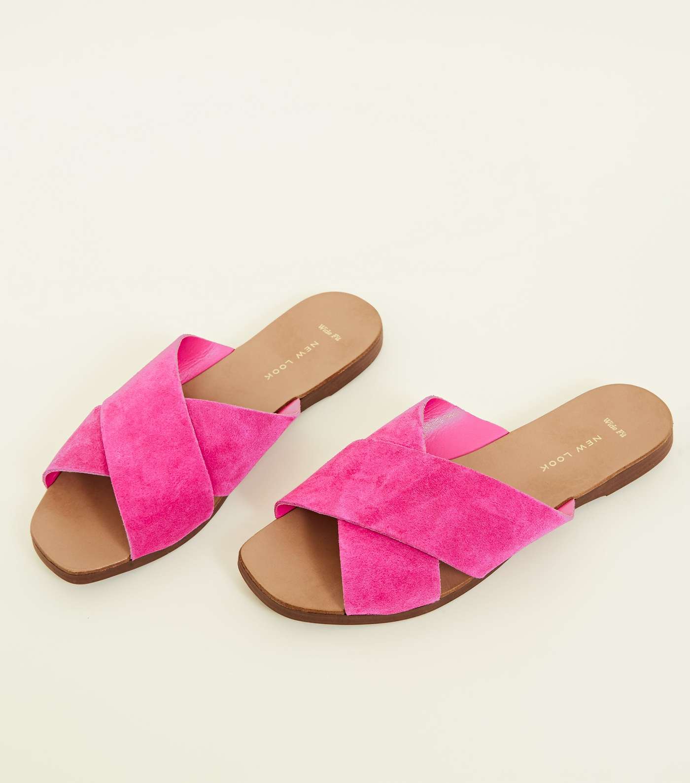 Wide Fit Bright Pink Suede Cross Strap Sliders Image 4