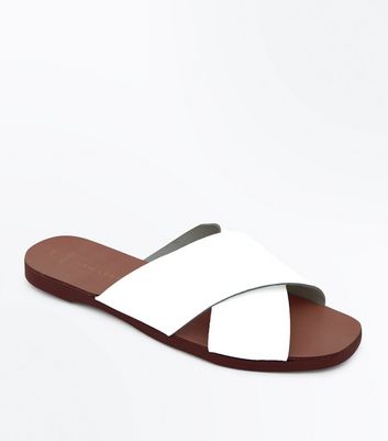 white leather sliders