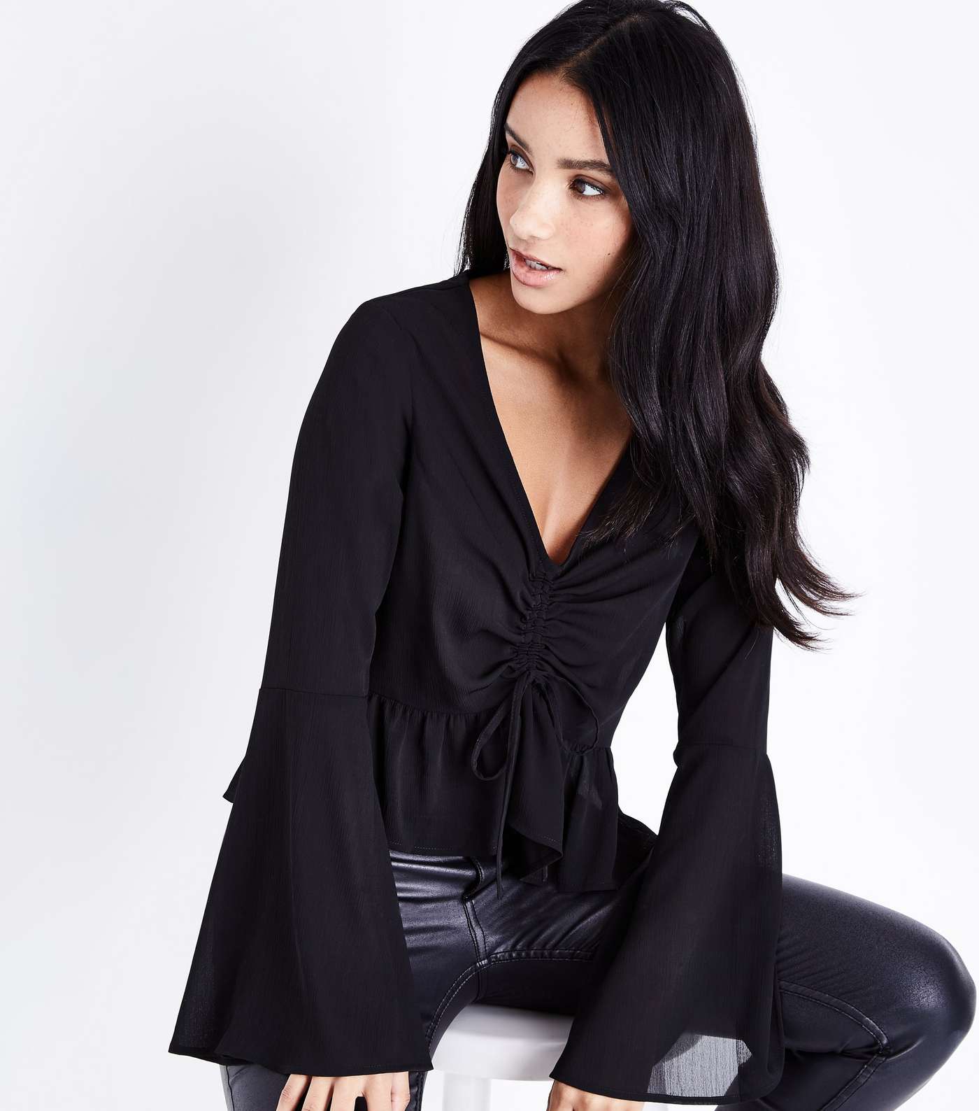 Black Crepe Ruched Front Bell Sleeve Top