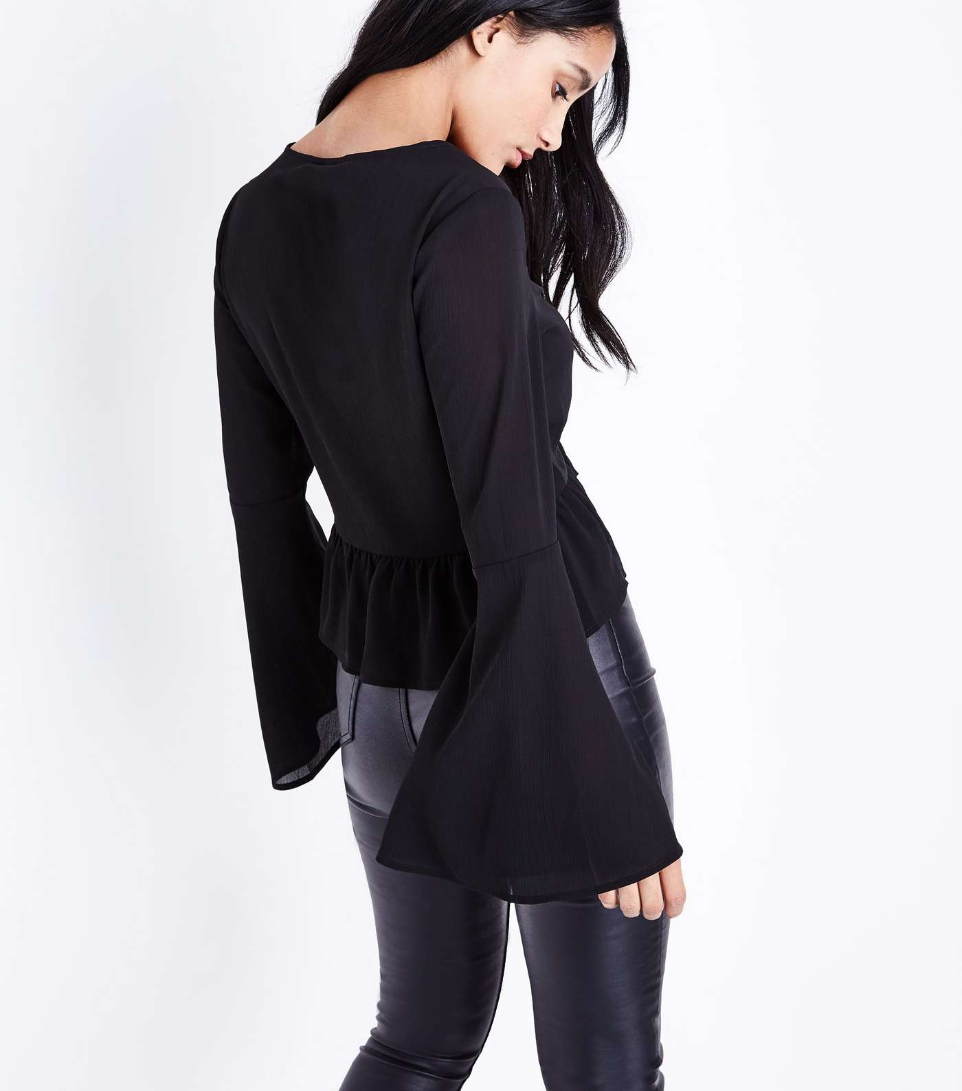 Black Crepe Ruched Front Bell Sleeve Top Image 3