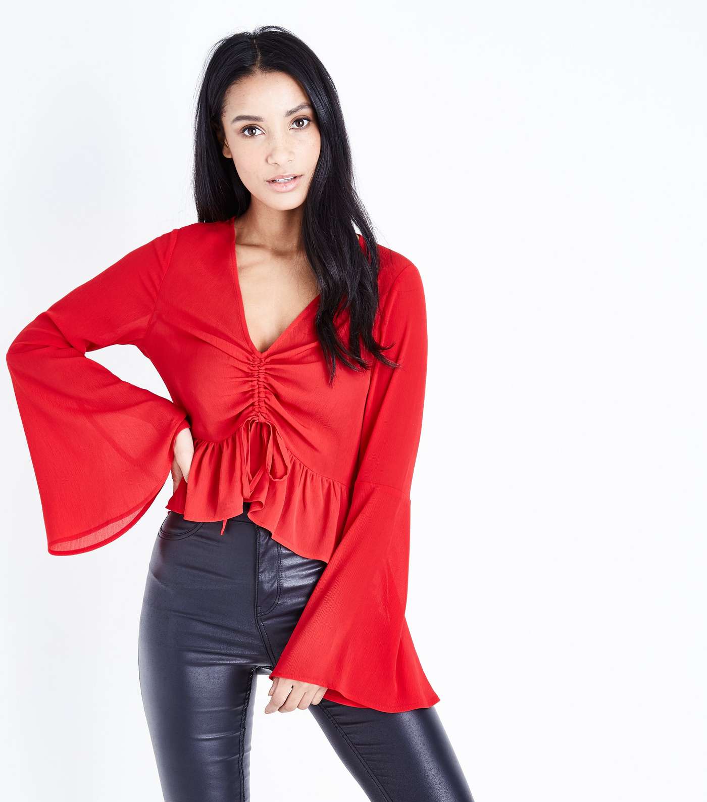 Red Crepe Ruched Front Bell Sleeve Top