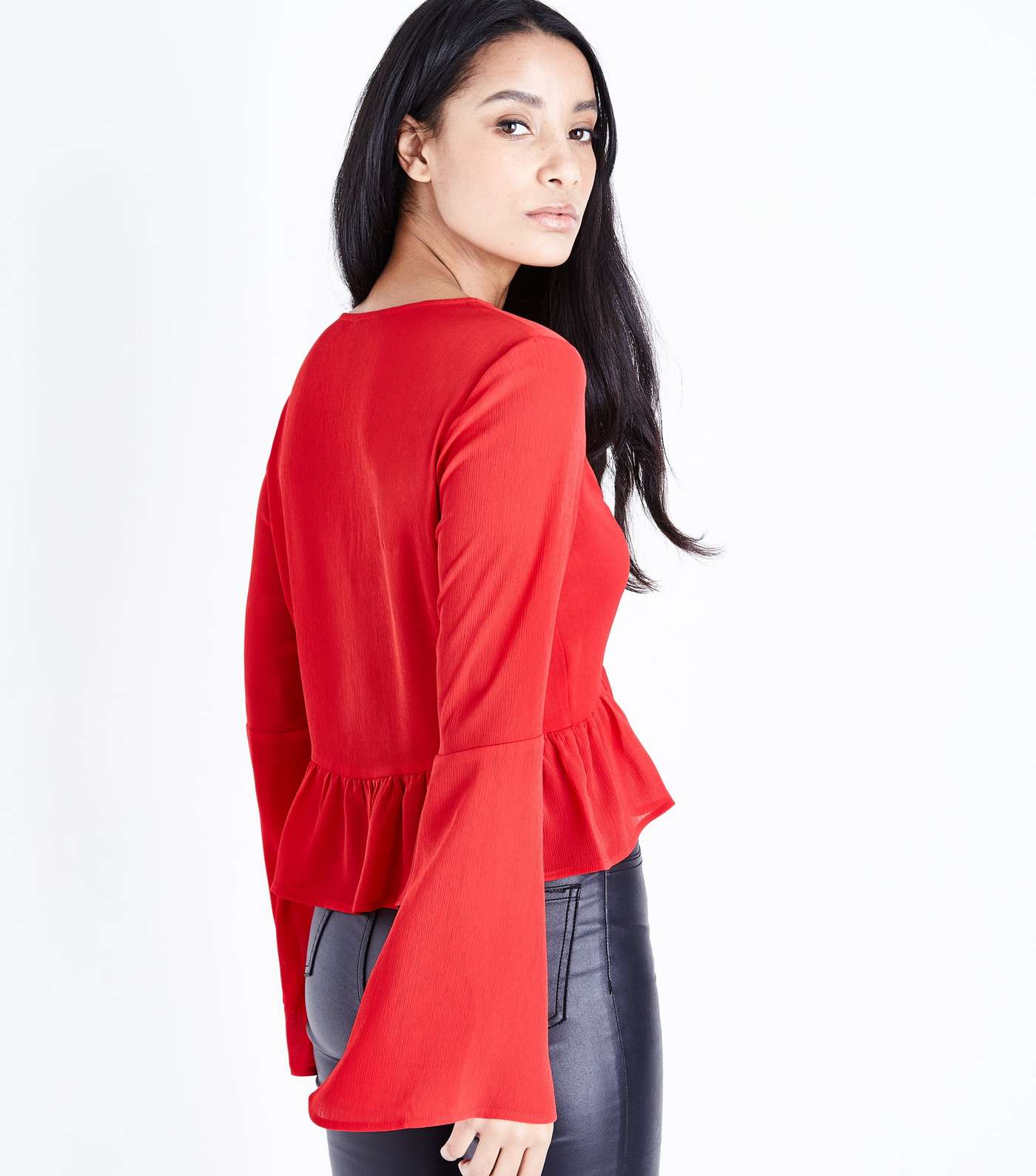 Red Crepe Ruched Front Bell Sleeve Top Image 3