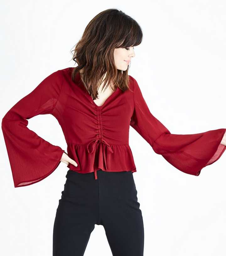 Burgundy Ruched Front Bell Sleeve Top