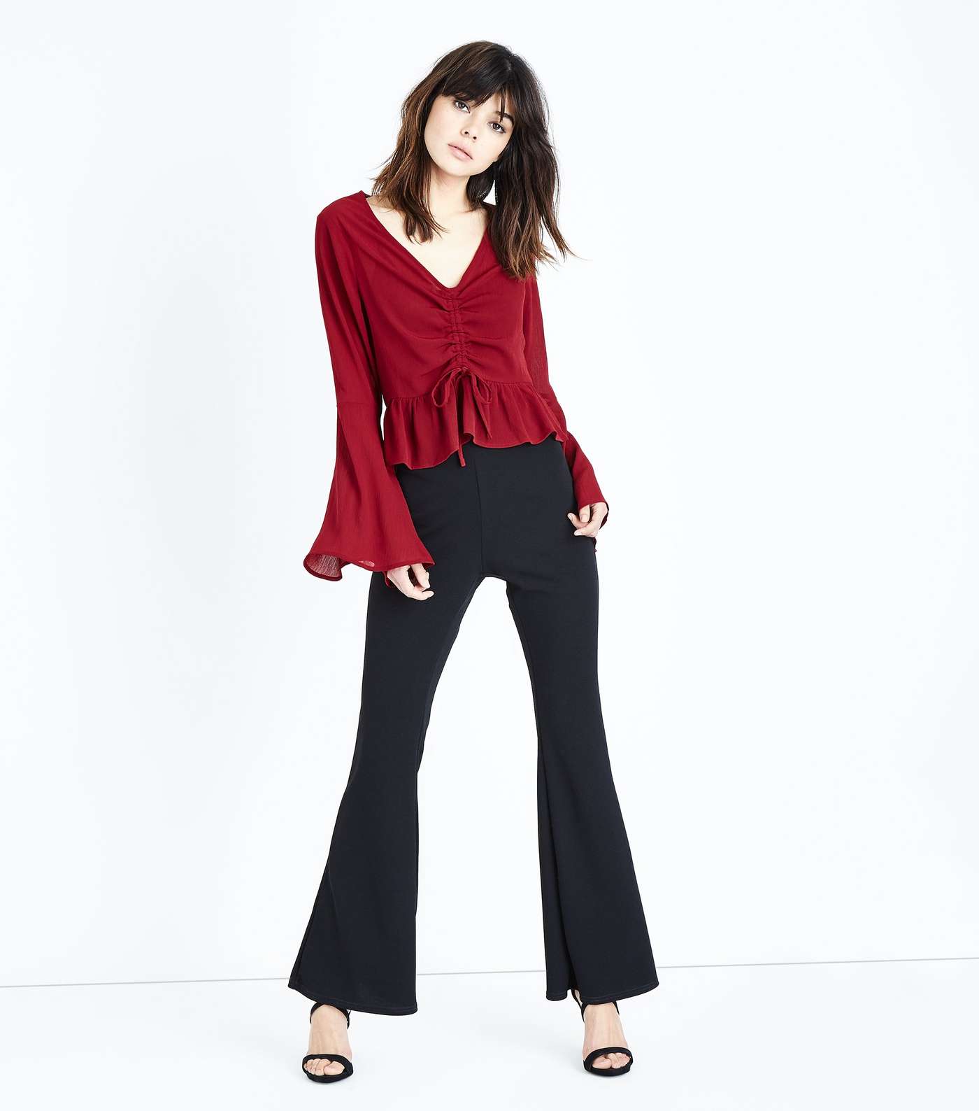 Burgundy Ruched Front Bell Sleeve Top Image 2