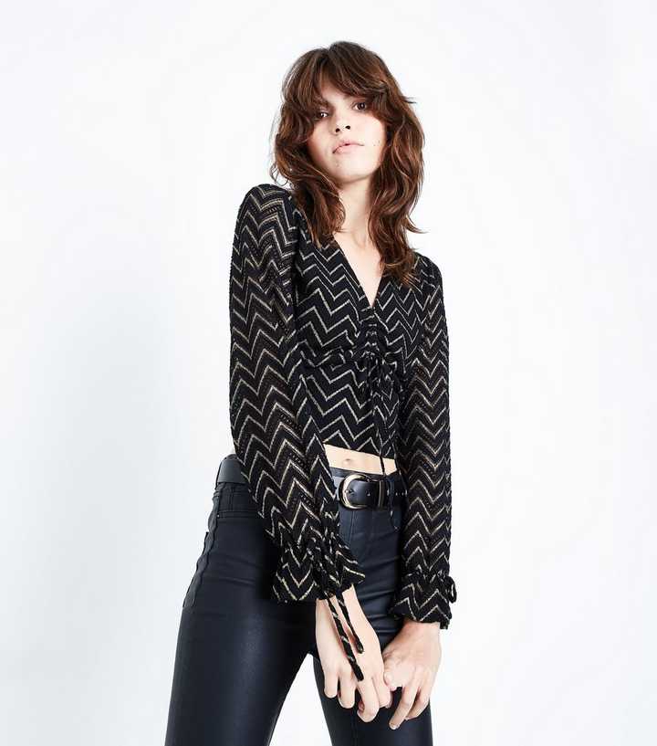 Black Metallic Chevron Ruched Crop Top