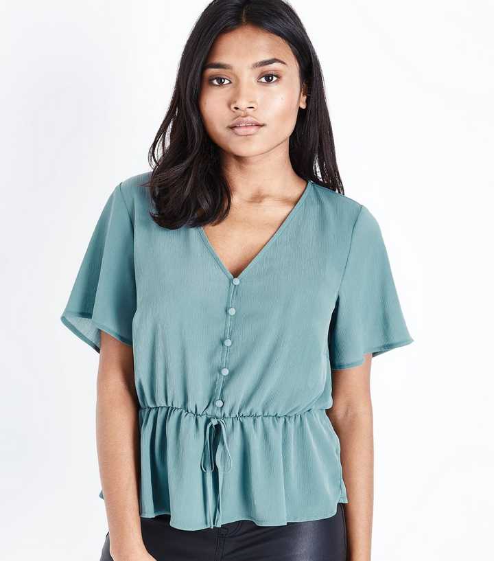 Petite Green Button Front Peplum Blouse
