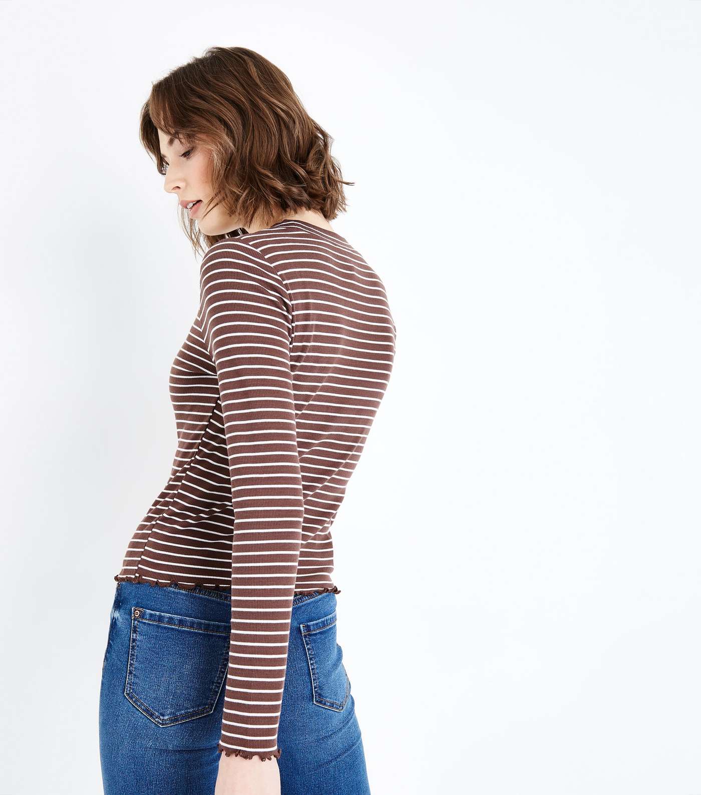 Light Brown Stripe Long Sleeve Ribbed T-Shirt Image 3
