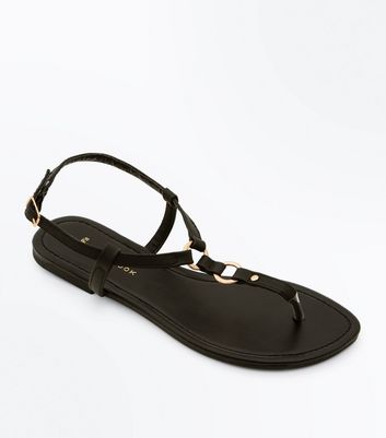 Wide Fit Black Ring Strap Flat Sandals 