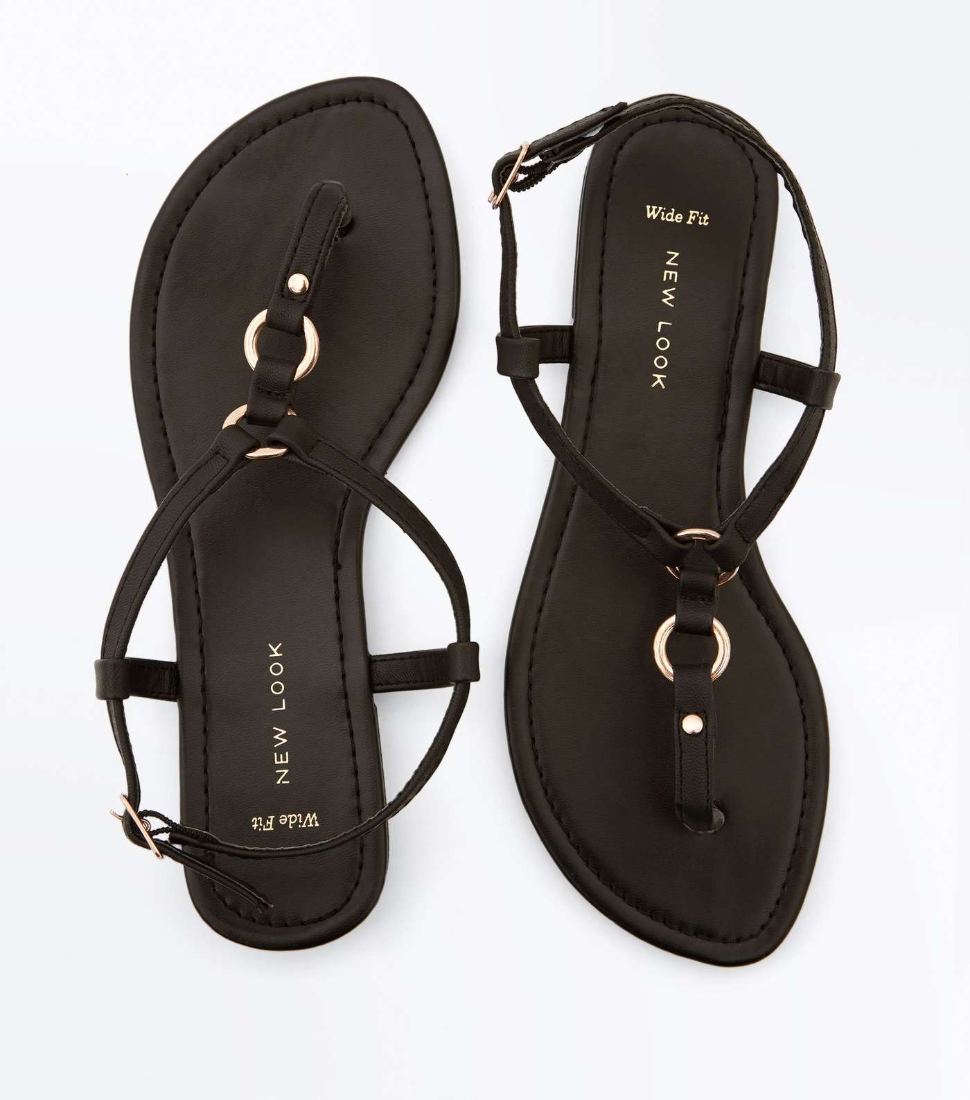 Wide Fit Black Ring Strap Flat Sandals Image 4