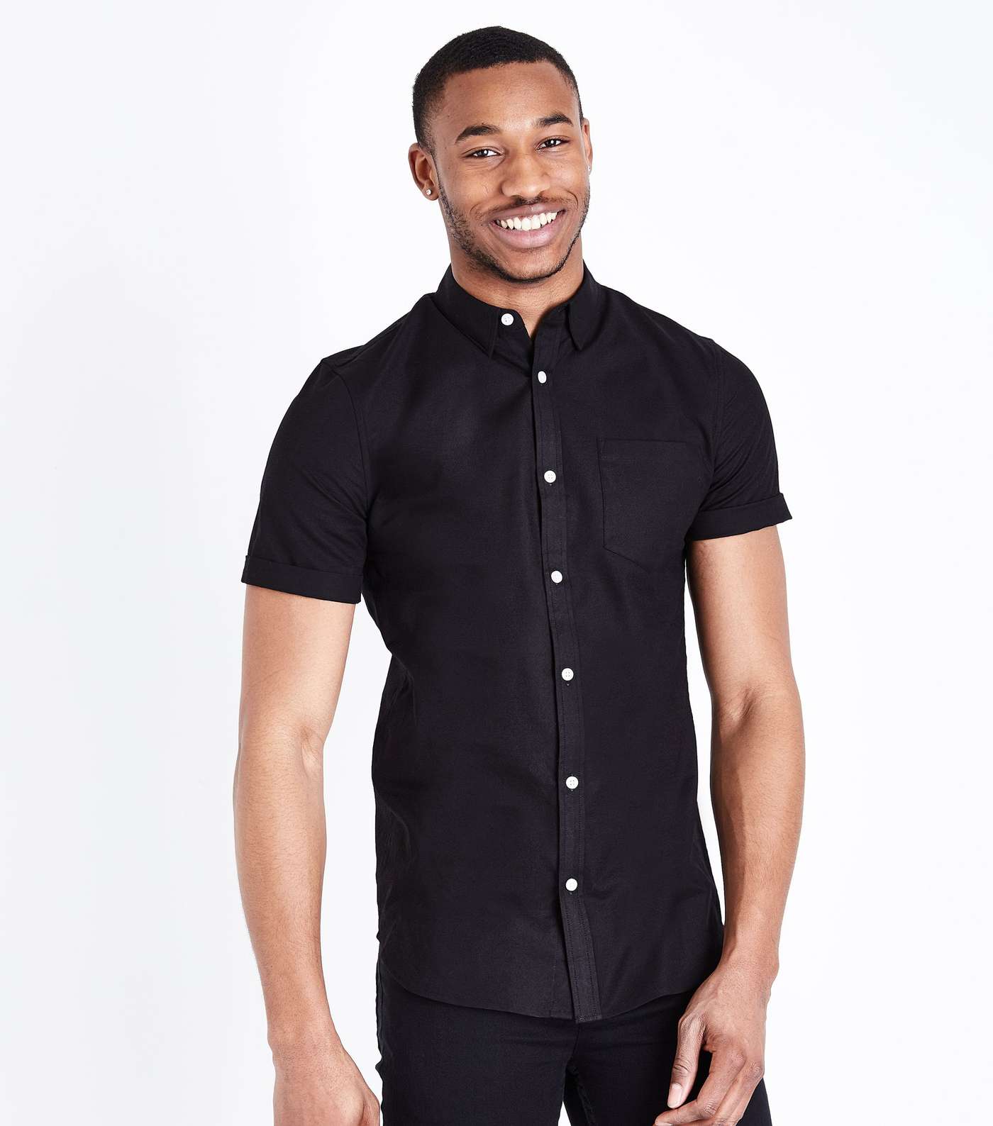 Black Short Sleeve Muscle Fit Oxford Shirt