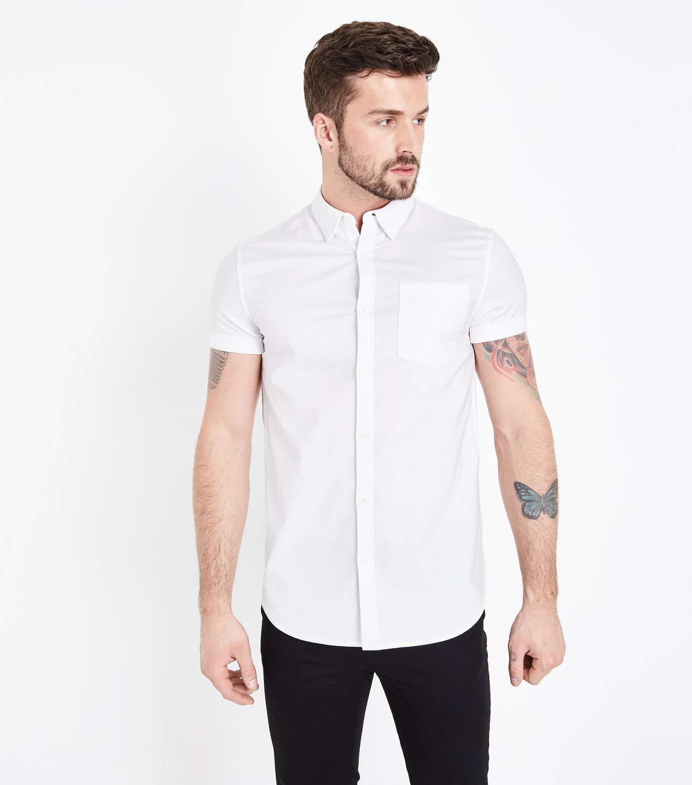 White Short Sleeve Muscle Fit Oxford Shirt