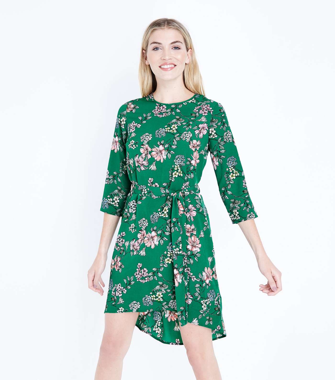 Green Floral Print Dip Hem Crepe Dress 