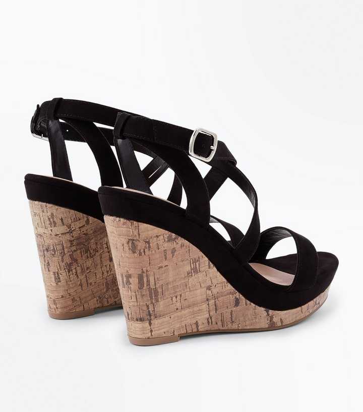 Black Strappy Cork Wedges