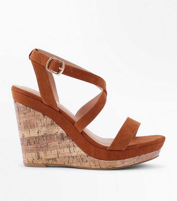Tan Suedette Strappy Cork Wedges
