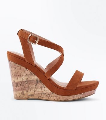 Tan Suedette Strappy Cork Wedges | New Look