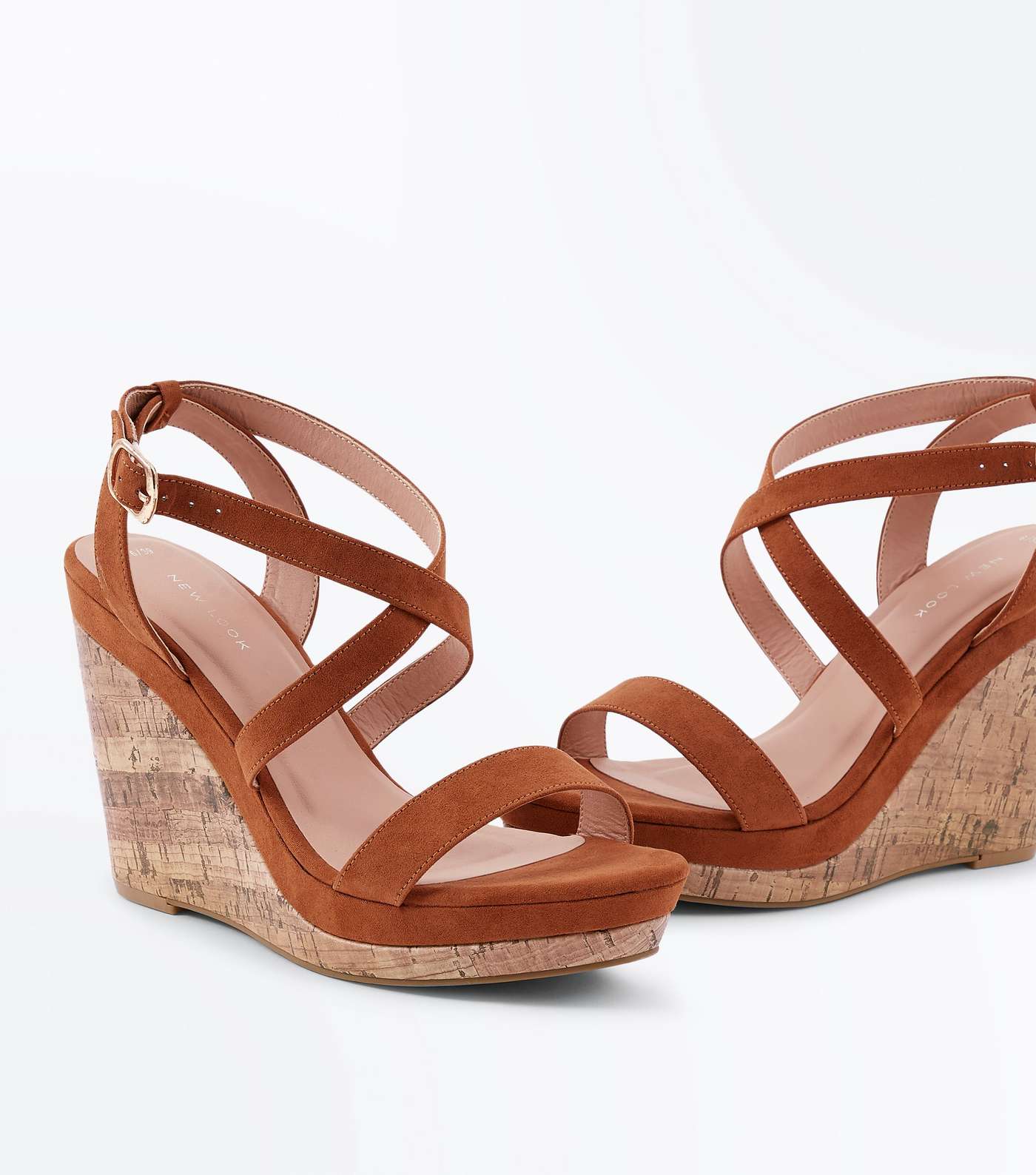 Tan Suedette Strappy Cork Wedges Image 3