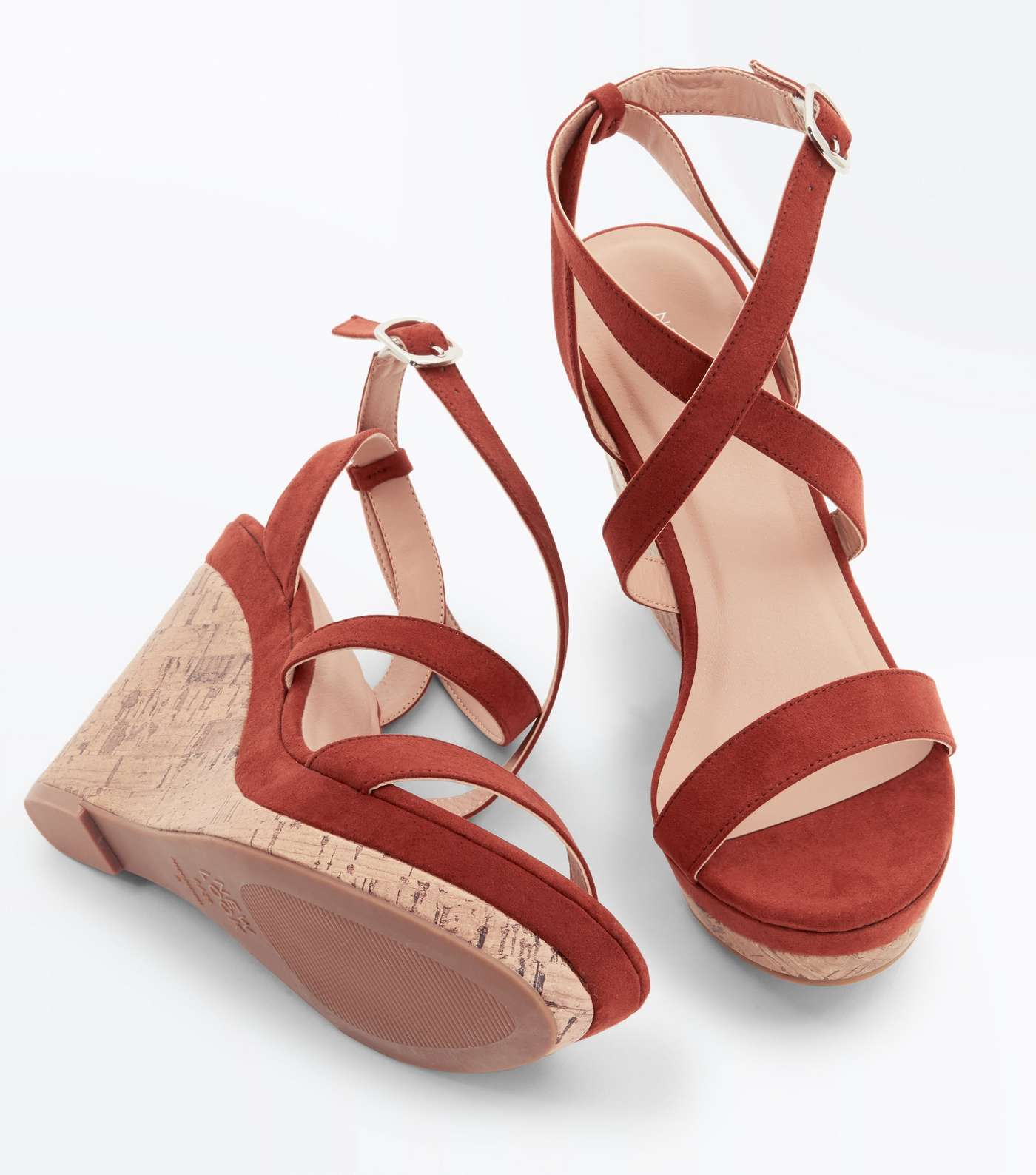 Rust Suedette Strappy Cork Wedges Image 3