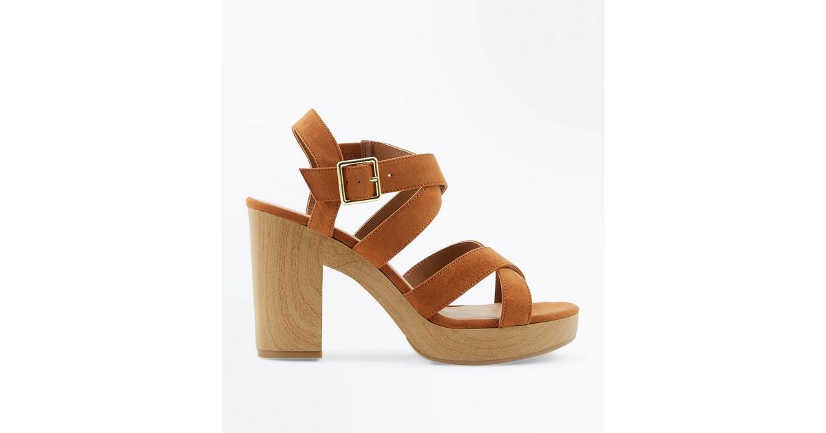 Tan Suedette Strappy Wooden Sole Sandals | New Look