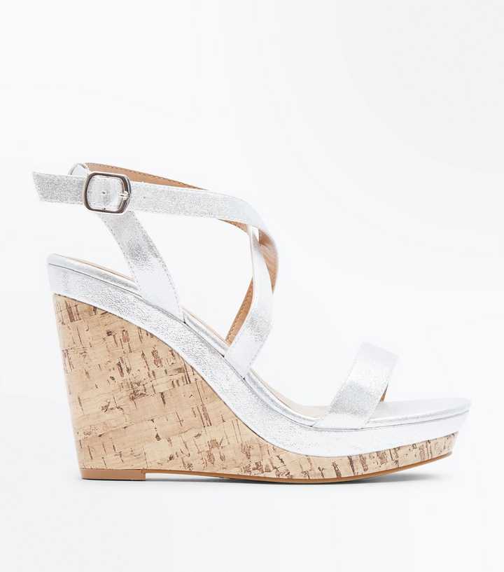Silver Metallic Strappy Cork Wedges