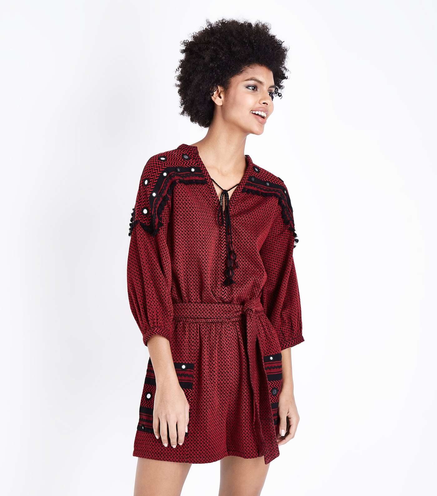 Red Jacquard Embroidered Mirror Playsuit