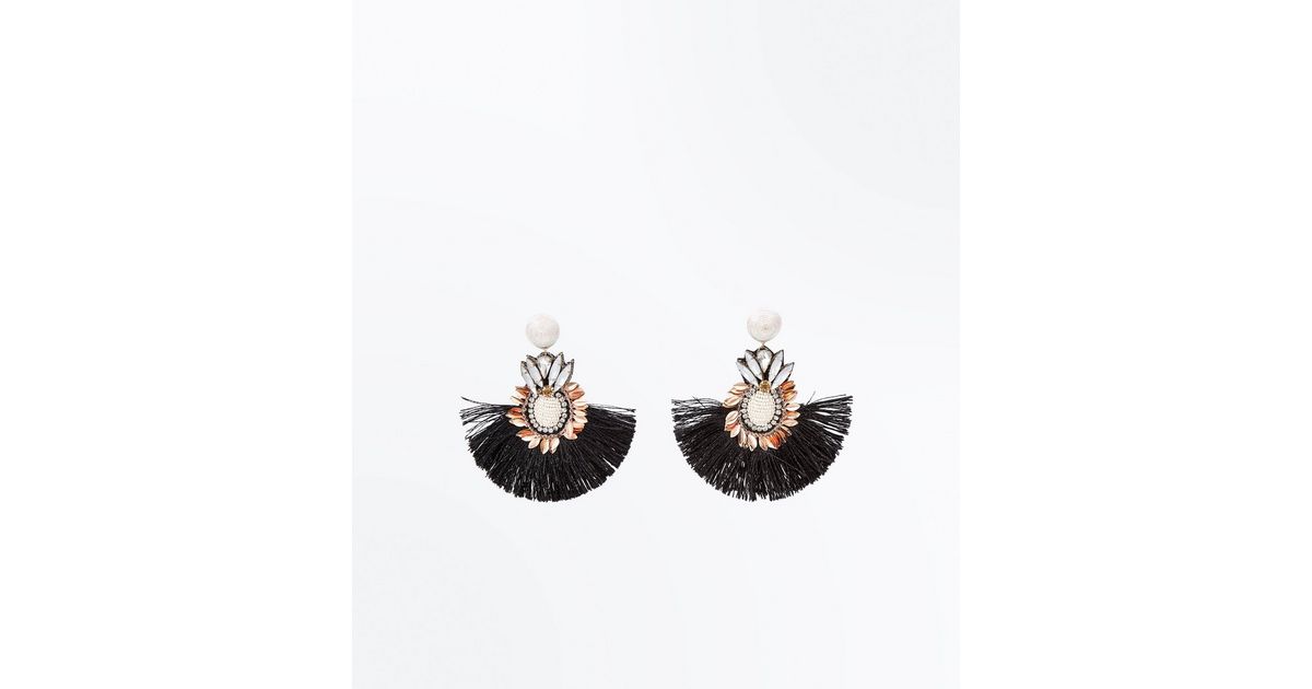 Black Stone Embellished Tassel Fan Earrings New Look