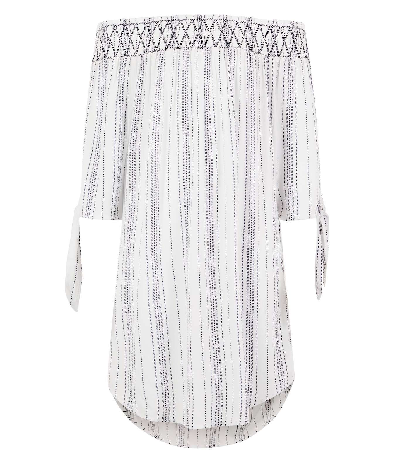 White Stripe Shirred Bardot Neck Beach Dress  Image 4