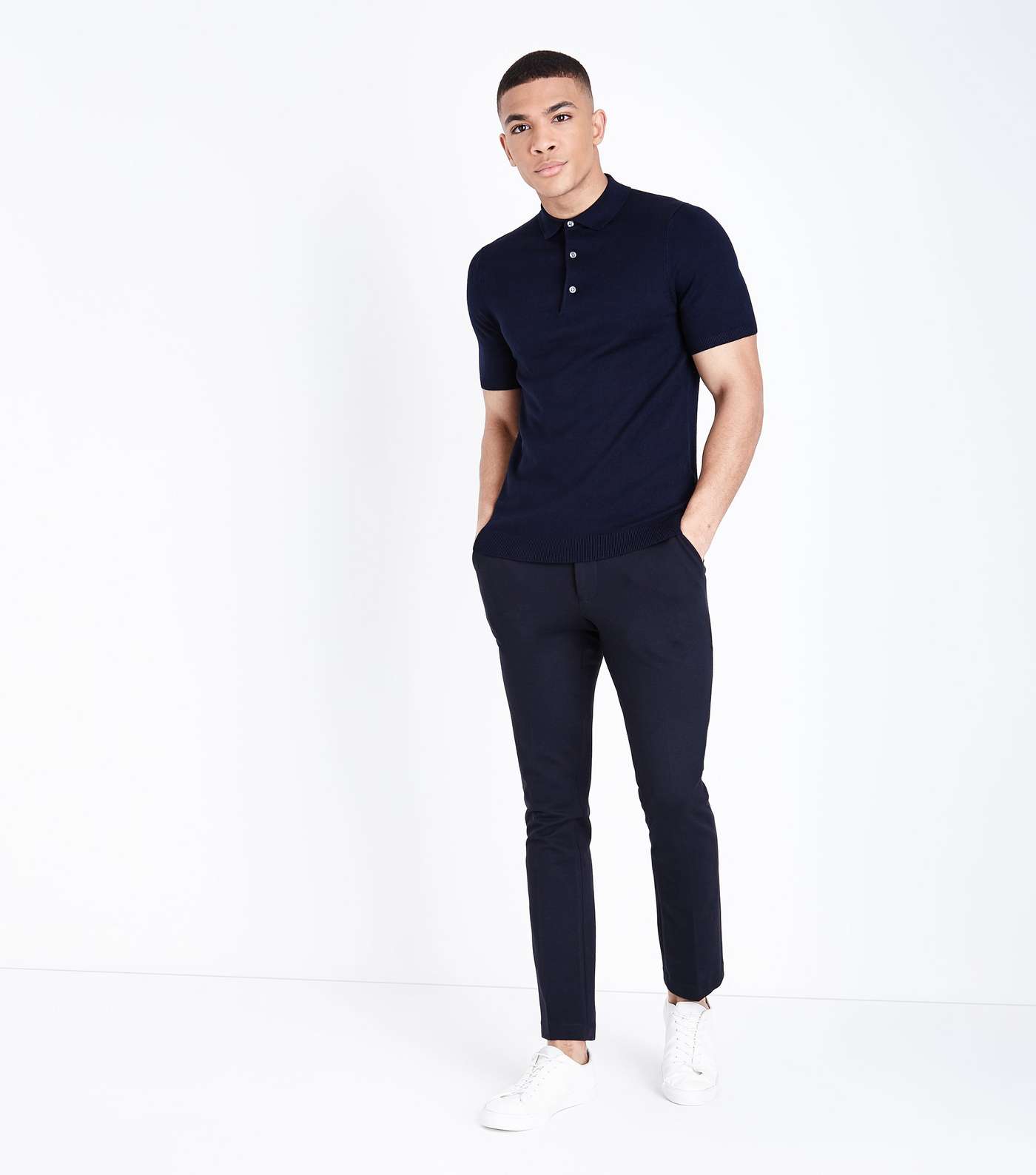 Navy Knit Muscle Fit Polo Shirt Image 2