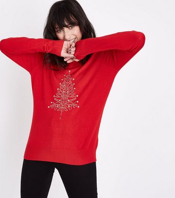 Mela Rote Pullover Mit Weihnachtsbaum Motiv New Look