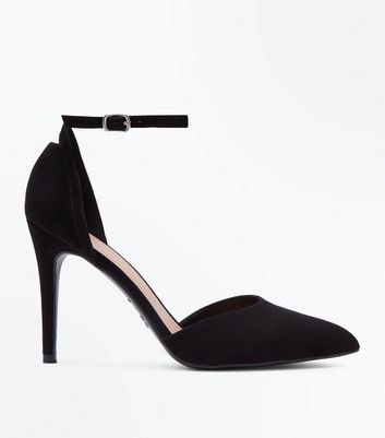 black pointed court shoes with ankle strap