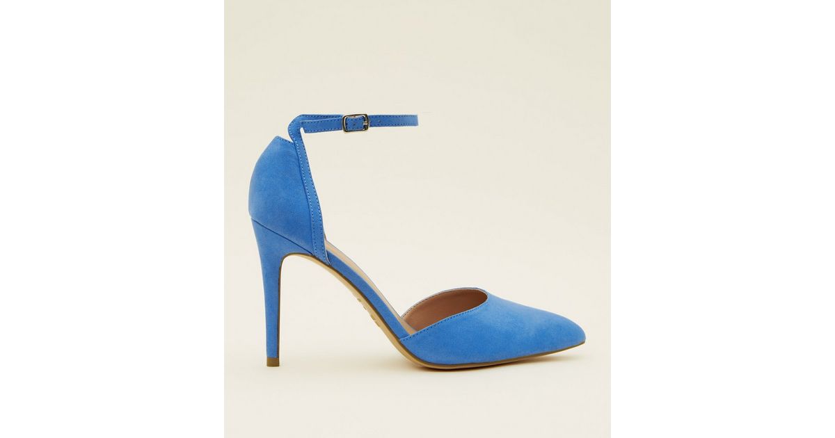 Blaue Spitze Pumps Mit Riemchen In Wildleder Optik New Look