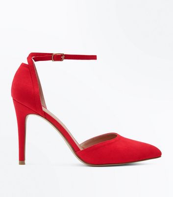 Red Suedette Ankle Strap Pointed Courts | New Look