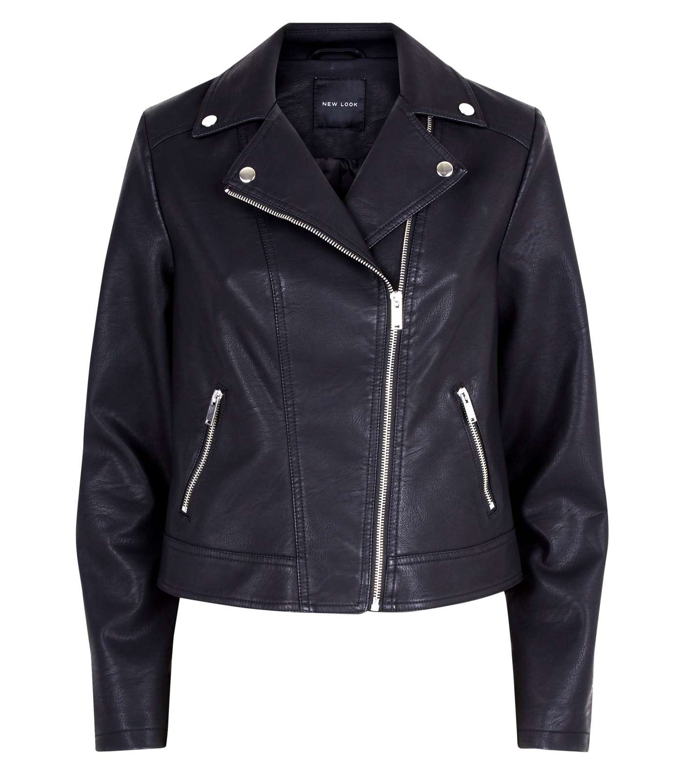Black Leather-Look Cropped Biker Jacket Image 4