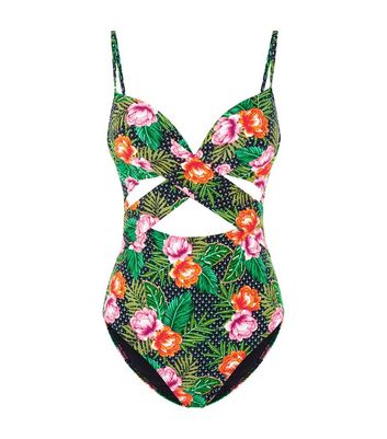 Black Floral Print Cross Front Swimsuit | New Look