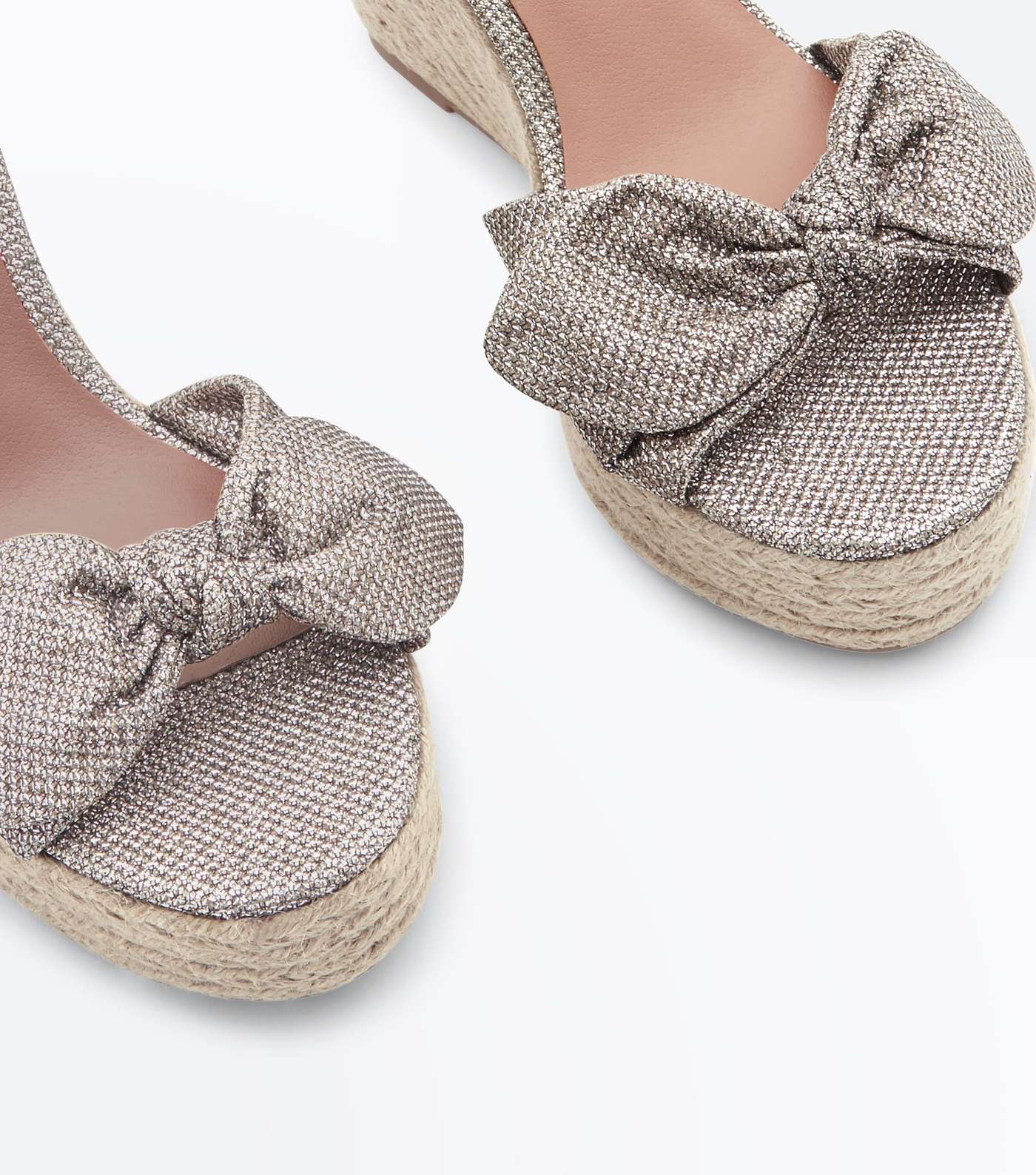 Gold Glitter Bow Strap Straw Wedges Image 3