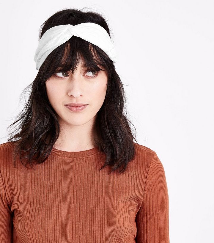 White Jacquard Twist Knot Headband New Look