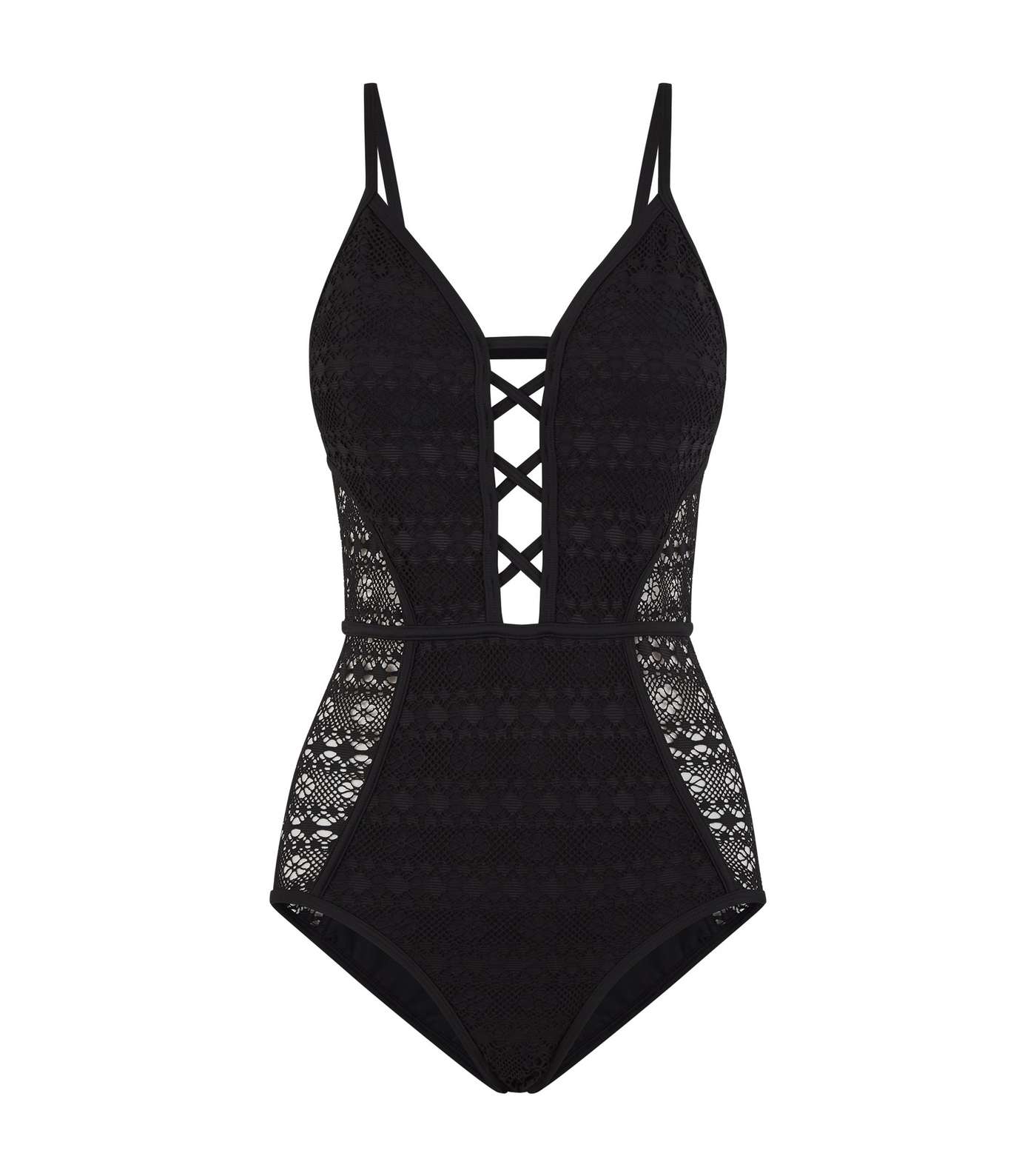 Black Crochet Plunge Lattice Front Swimsuit Image 3