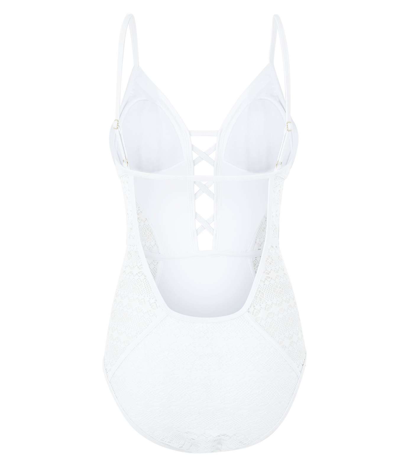 White Crochet Plunge Lattice Front Swimsuit Image 4