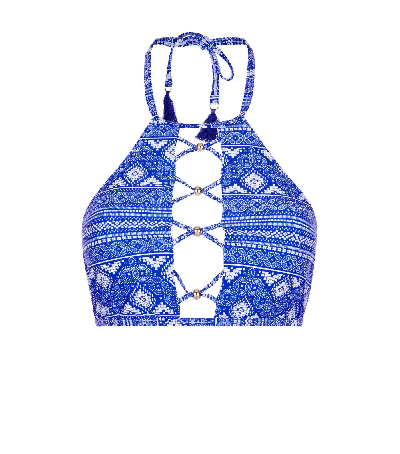 Blue Geometric Print Lattice Front Bikini Top Image 4