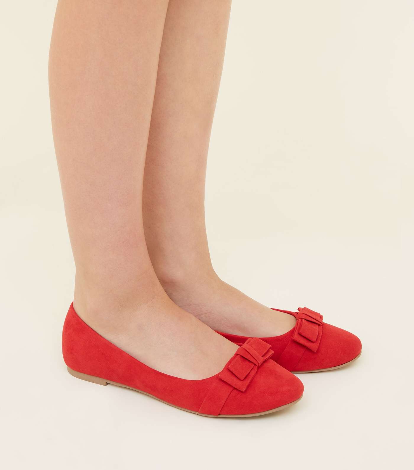 Girls Red Suedette Bow Ballet Pumps Image 2