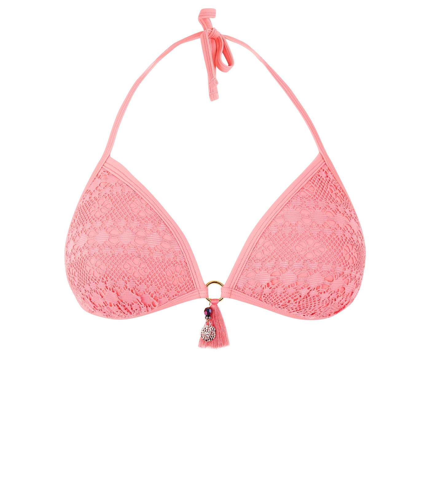 Pink Crochet Tassel Triangle Bikini Top Image 4