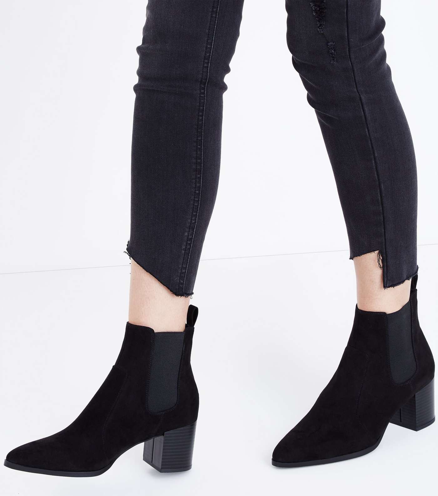 Black Suedette Pointed Heeled Chelsea Boots Image 2